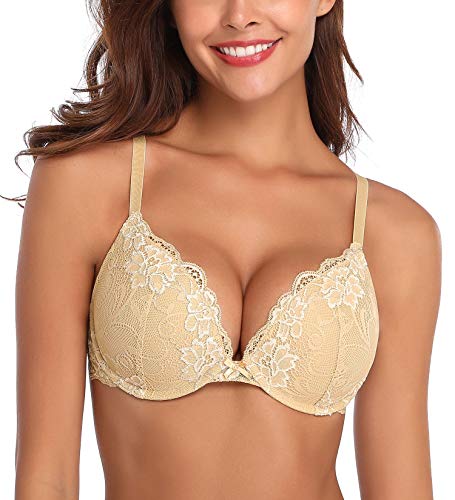 Deyllo Damen Push Up BH mit Blumen Spitze Behalen Bügel BH Gepolstert Elegant(Beige,70F) von Deyllo