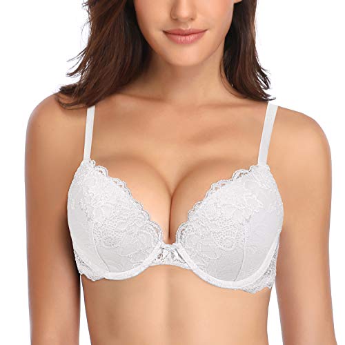 Deyllo Damen Push Up BH mit Blumen Spitze Behalen Bügel BH Gepolstert Elegant(Weiß,80F) von Deyllo