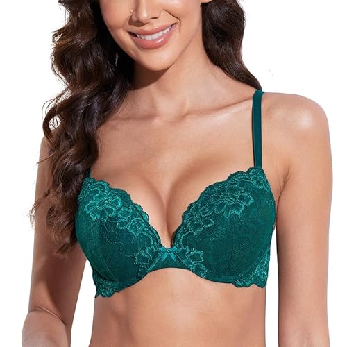 Deyllo Damen Push Up BH mit Blumen Spitze Schalen Bügel BH Gepolstert Elegant(Grün,70B) von Deyllo