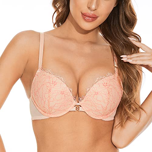 Deyllo Damen Push Up BH mit Blumen Spitze Schalen Bügel BH Gepolstert Elegant (Rosa Cocktail,85E) von Deyllo