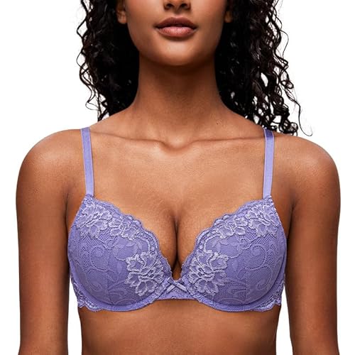 Deyllo Damen Push Up BH mit Blumen Spitze Schalen Bügel BH Gepolstert Elegant Helllila 70B/32B von Deyllo