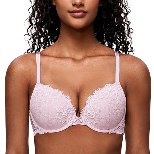 Deyllo Damen Push Up BH mit Blumen Spitze Schalen Bügel BH Gepolstert Elegant Hellrosa 75D/34D von Deyllo