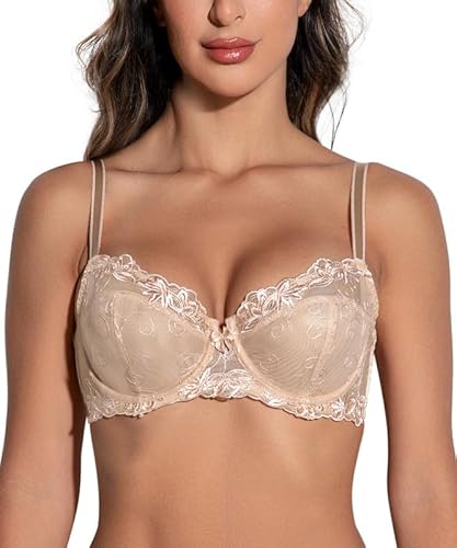 Deyllo Damen Sexy Spitzen-BH Große Größe Bügel BH Bestickter Ungefütterter Transparenter BH Nicht Gepolstert BH für große Brüste Nude 75C/34C von Deyllo