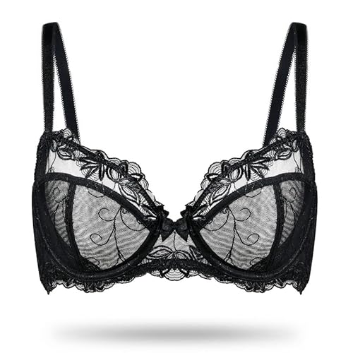 Deyllo Damen Sexy Spitzen-BH Große Größe Bügel BH Bestickter Ungefütterter Transparenter BH Nicht Gepolstert BH für große Brüste Schwarz 80H/36H von Deyllo