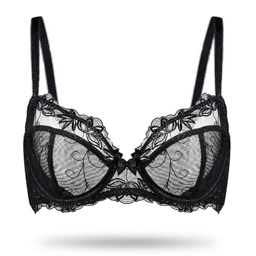 Deyllo Damen Sexy Spitzen-BH Große Größe Bügel BH Bestickter Ungefütterter Transparenter BH Nicht Gepolstert BH für große Brüste Schwarz 95E/42DD von Deyllo