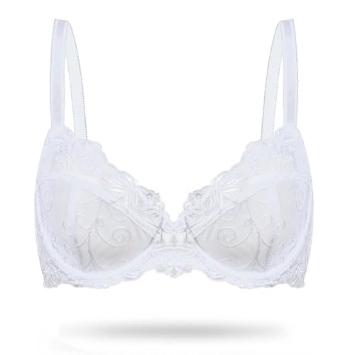 Deyllo Damen Sexy Spitzen-BH Große Größe Bügel BH Bestickter Ungefütterter Transparenter BH Nicht Gepolstert BH für große Brüste Weiß 100D/44D von Deyllo