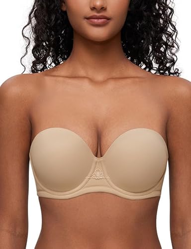 Deyllo Damen Trägerloser BH Super Push up Extrem BH Große Größen mit Bügel Geformte Comfy Multiway Strapless Bra Starker Halt Beige 100D/44D von Deyllo