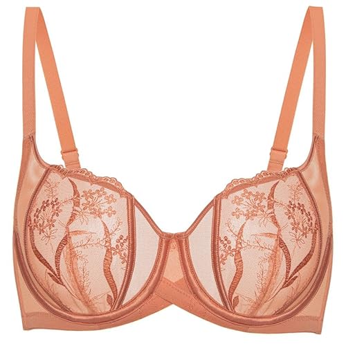 Deyllo Sexy Spitzen Damen BH mit Bügel Push Up Durchsichtige BH Rückenfrei Soft Komfort BH Balconette Klassische BH Trägeverstellbar BH Ungepolstert Orange 90B/40B von Deyllo