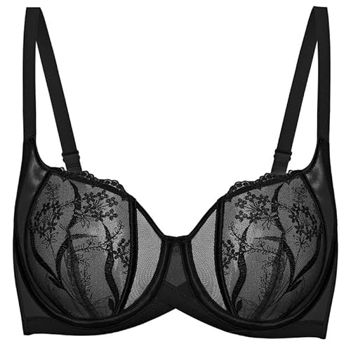 Deyllo Sexy Spitzen Damen BH mit Bügel Push Up Durchsichtige BH Rückenfrei Soft Komfort BH Balconette Klassische BH Trägeverstellbar BH Ungepolstert Schwarz 90D/40D von Deyllo