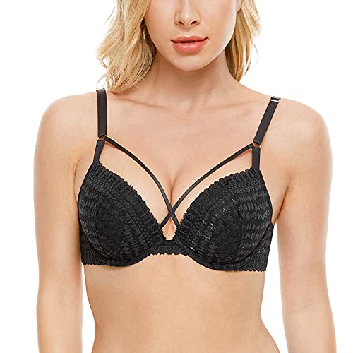 Deyllo Women´s Comfy Push Up BH Spitze BH Gepolsterter Bügel BH Lift Up Fügen Sie eine Tasse hinzu(Schwarz,85D) von Deyllo