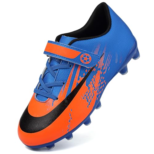 Dhinash Fußballschuhe Jungen Stollen Fussballschuhe Kinder Kunstrasen Fussball Schuhe Spikes Trainingsschuhe Turnschuhe Mädchen Outdoor Turf Football Schuhe Unisex Orange Blau Gr.34 von Dhinash