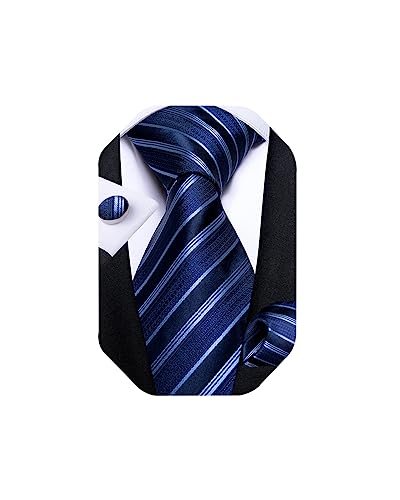 DiBanGu Extra lange Krawatte für Herren Seide aus Krawatte und Einstecktuch Manschettenknöpfe Set Business (160 cm XL), Marineblau gestreift, Einheitsgröße von DiBanGu