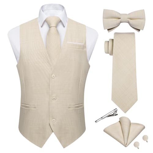 DiBanGu Herren-Anzugweste aus Leinen, legere Weste, Krawatte und vorgebundene Fliege, Set mit 6 Stück, einfarbig, für Hochzeit, Party, Beige, XX-Large DiBanGu Herren-Anzugweste aus Leinen, legere Weste, Krawatte und vorgebundene Fliege, Set mit 6 Stück, einfarbig, für Hochzeit, Party, Beige, XX-Large von DiBanGu