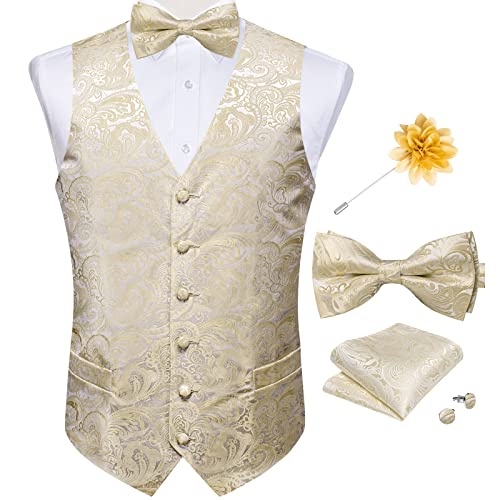 DiBanGu Herren-Paisley-Weste, 6-teiliges Seidenkleid, Anzugweste und Fliege, Einstecktuch, Manschettenknöpfe, Reversnadel-Set für Anzug oder Smoking, Champagner-Paisley, X-Large von DiBanGu