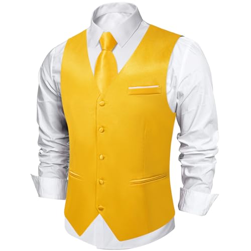 DiBanGu Herren-Anzugweste und Krawatte, einfarbig, Satin, Krawatte, Hochzeit, Party, Freizeitkleid, Weste für Smoking, gelb, Large DiBanGu Herren-Anzugweste und Krawatte, einfarbig, Satin, Krawatte, Hochzeit, Party, Freizeitkleid, Weste für Smoking, gelb, Large von DiBanGu