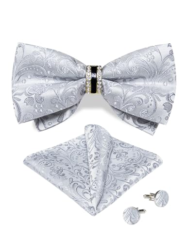 DiBanGu Männer Silber Fliege für Hochzeit Party Quadratische Manschettenknöpfe Seide Paisley Vorgebunden Fliege mit Diamantring DiBanGu Männer Silber Fliege für Hochzeit Party Quadratische Manschettenknöpfe Seide Paisley Vorgebunden Fliege mit Diamantring von DiBanGu
