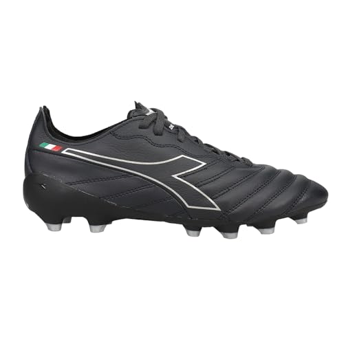 Diadora Brasil Elite Tech ITA LPX Stollen für festen Boden, leicht, hergestellt in Italien, weiches Premium-Leder, integrierte Fersenkappe, optimale Traktion, Schwarz/Silber, 45.5 EU von Diadora