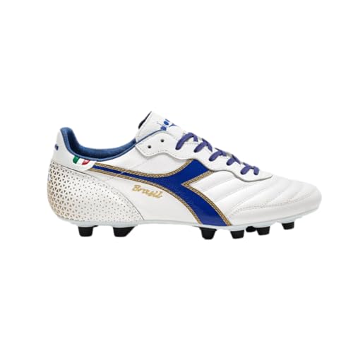 Diadora Brasil Italy OG GR LT+ MDPU Men's Firm Ground Soccer Shoes - Premium Leather, Water Resistant, Made in Italy (White/Mazarine Blue/Gold, US Footwear Size System, Adult, Men, Numeric, Medium, 8) von Diadora