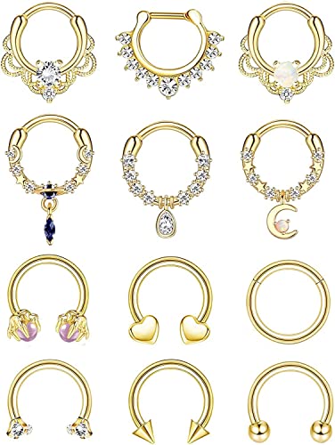 Diamday 12Pcs 16G Septum Ringe Clicker Nasenringe Hoop für Damen 316L Edelstahl Herz Helix Daith Knorpel Ohrringe Hoop CZ Dangle Nase Septum Piercing-Schmuck Silber Gold Schwarz Nasen Ringe 10MM von Diamday