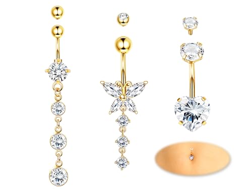 Diamday 3Stck 14G Bauchnabelpiercing Silber/Gold Bauchnabelpiercing Chirurgenstahl Dangle Piercing Bauchnabel CZ Herz Schmetterling Belly Piercing für Frauen Mit 3Pcs Ersatz Kugeln von Diamday