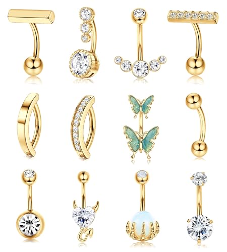 Diamday 14G Bauchnabelpiercing für Damen 12Stück Chirurgenstahl Bauchnabel Bars Klicker CZ Schmetterling Bauch Ringe Nabelpiercing Stilvoll Curved Nabelringe Belly Bar Barbell Körperpiercing Gold von Diamday