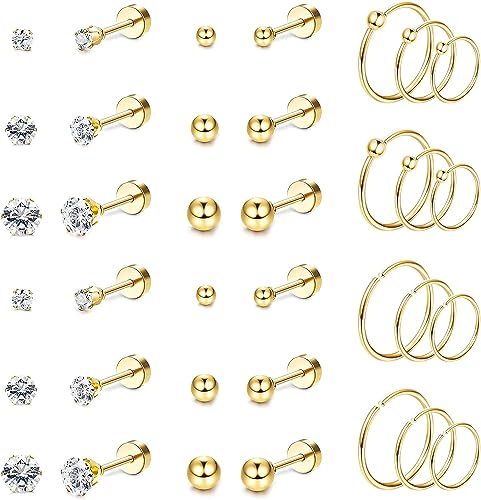 Diamday 18Paare Kleine Ohrstecker Hoops für Damen Herren Edelstahl Flache Knorpel Ohrringe Sets CZ Winzige Kugel Ohrringe Hoops Ohrstecker Hypoallergene Tragus Helix Piercing Ohrringe Gold von Diamday