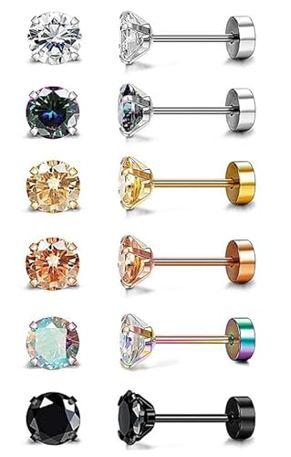 Diamday 6Pairs 20G Edelstahl Knorpel Ohrstecker für Frauen Männer Mädchen Tragus CZ flach zurück Schraube zurück Ohrring setzt Helix hypoallergen Ohr Piercing Schmuck D von Diamday