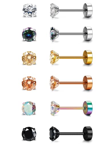 Diamday 6Pairs 20G Edelstahl Knorpel Ohrstecker für Frauen Männer Mädchen Tragus CZ flach zurück Schraube zurück Ohrring setzt Helix hypoallergen Ohr Piercing Schmuck C von Diamday