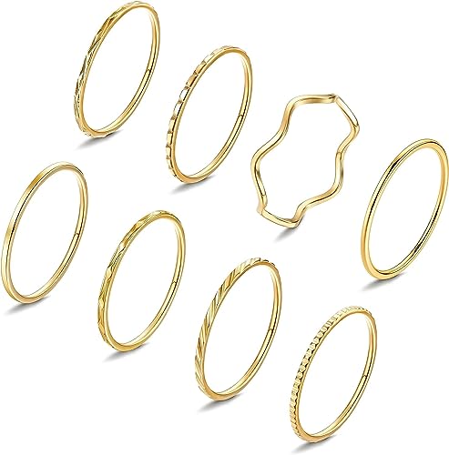 Diamday 8PCS Edelstahl Stacking Stapelbare Ringe für Damen 1mm Einfaches Band Ringe Minimalistisch Knöchelring Midi Fingerringe Set Plain Damenring Stacking Ringe Mode Statement Pinky Ringe 49-62 von Diamday