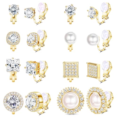 Diamday 8Pairs Cubic Zirkonia Peal Clip auf Ohrstecker für Frauen simuliert Diamant Halo nicht durchbohrt Ohrring Frauen Clip auf Ohrringe Set für Jahrestag von Diamday