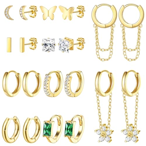 Diamday Kleine Ohrringe Set Huggie für Mehrere Hoop Ohrstecker für Damen Mädchen Gold Vergoldete Ohrringe Creolen Hypoallergene Knorpel Ohrringe Set Zierliche CZ Kugel Ohrstecker Set von Diamday