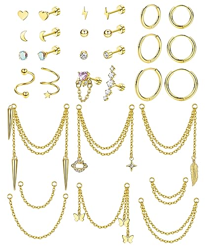 Diamday Knorpel Ohrringe Hoop Set für Frauen Hypoallergene Flachrücken-Ohrringe Chirurgenstahl Knorpel Ohrstecker Ohrringe Kette baumeln CZ Herz Tragus Couch Helix Daith Ohrringe von Diamday