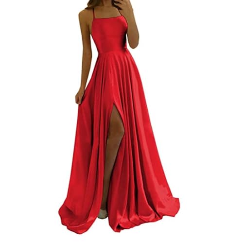 Didadihu Abendkleid Damen Elegant Neckholder Cocktailkleid Chiffon Rückenfreies Abschlusskleid Partykleid Mit Schlitz Ärmellos Brautjungfernkleider Wickelkleid Spitzenkleid Spaghettiträgern,Rot,M von Didadihu