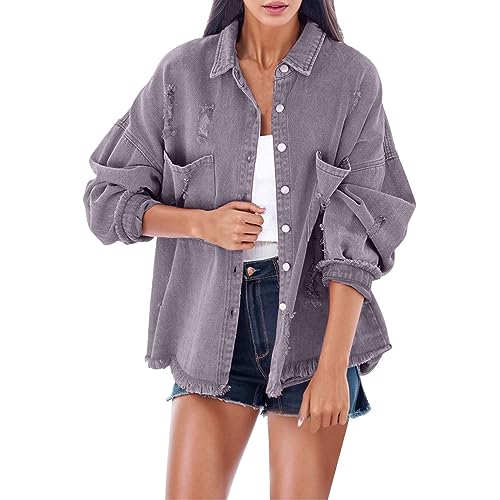 Didadihu Blouson Damen Frühjahrsjacke Jeansjacke Übergangsjacke Oversize Hemdjacke Sommerjacke Für Damen Jeans Jacken Lang Jeanshemd,04 Lila,XL von Didadihu