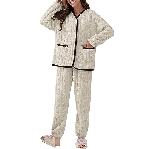 Didadihu Pyjama Set Damen Lang Große Größen Pyjamahose Warm Schwarz Stillpyjama Baumwolle Nachtwäsche Kariert XL Pyjamas Set Pyjamahose Winterschlafanzug von Didadihu