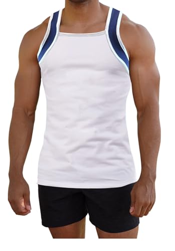 Different Touch Herren Tank Top im athletischen Stil mit quadratischem Schnitt, Weiß mit Marineblau, Mittel von Different Touch