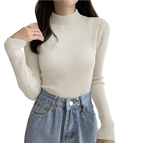 Dihope Damen Halber Rollkragenpullover Basic Pullover Dünner Strickpullover Elastisch Gerippt Strickpulli Elegant Langarmshirt Casual Slim Fit Pulli Sweater für Herbst Winter(Weiß,One Size) von Dihope