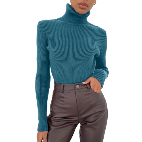 Dihope Damen Rollkragenpullover Basic Pullover Dünner Strickpullover Elastisch Gerippt Strickpulli Elegant Langarmshirt Casual Slim Fit Pulli Sweatshirts für Herbst Winter(Dunst blau,One Size) von Dihope