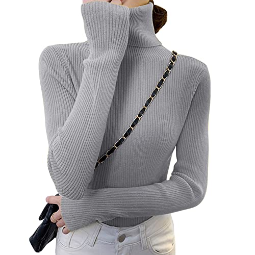 Dihope Damen Rollkragenpullover Basic Pullover Dünner Strickpullover Elastisch Gerippt Strickpulli Elegant Langarmshirt Casual Slim Fit Pulli Sweatshirts für Herbst Winter(Grau,One Size) von Dihope