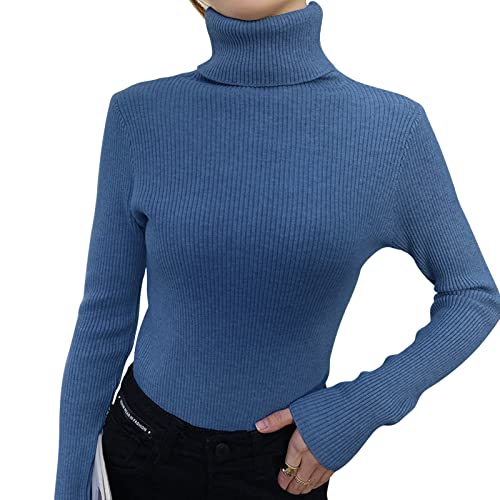 Dihope Damen Rollkragenpullover Basic Pullover Dünner Strickpullover Elastisch Gerippt Strickpulli Elegant Langarmshirt Casual Slim Fit Pulli Sweatshirts für Herbst Winter(Jeansblau,One Size) von Dihope