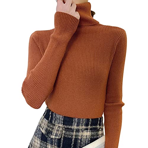 Dihope Damen Rollkragenpullover Basic Pullover Dünner Strickpullover Elastisch Gerippt Strickpulli Elegant Langarmshirt Casual Slim Fit Pulli Sweatshirts für Herbst Winter(Karamellfarbe,One Size) von Dihope