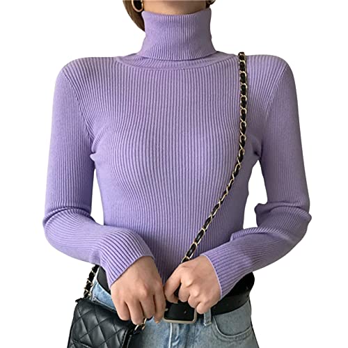 Dihope Damen Rollkragenpullover Basic Pullover Dünner Strickpullover Elastisch Gerippt Strickpulli Elegant Langarmshirt Casual Slim Fit Pulli Sweatshirts für Herbst Winter(Violett,One Size) von Dihope