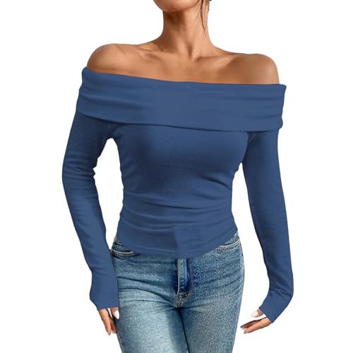 Dihope Langarmshirt Damen Schulterfreies Oberteil Y2K Sexy Off Shoulder Top Langarm Shirts Eng Slim Tshirt Longsleeve(Blau,S) von Dihope