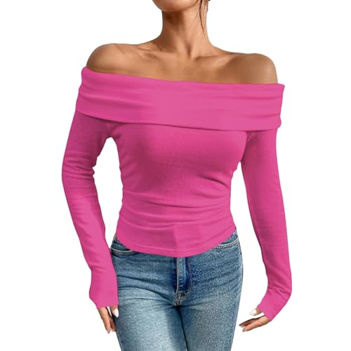 Dihope Langarmshirt Damen Schulterfreies Oberteil Y2K Sexy Off Shoulder Top Langarm Shirts Eng Slim Tshirt Longsleeve(Rosarot,XL) von Dihope