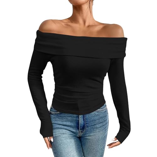 Dihope Langarmshirt Damen Schulterfreies Oberteil Y2K Sexy Off Shoulder Top Langarm Shirts Eng Slim Tshirt Longsleeve(Schwarz,L) von Dihope