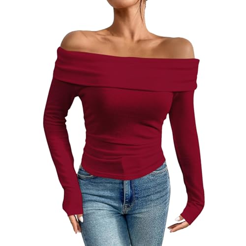 Dihope Langarmshirt Damen Schulterfreies Oberteil Y2K Sexy Off Shoulder Top Langarm Shirts Eng Slim Tshirt Longsleeve(Weinrot,M) von Dihope