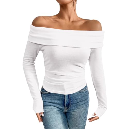 Dihope Langarmshirt Damen Schulterfreies Oberteil Y2K Sexy Off Shoulder Top Langarm Shirts Eng Slim Tshirt Longsleeve(Weiß,XL) von Dihope