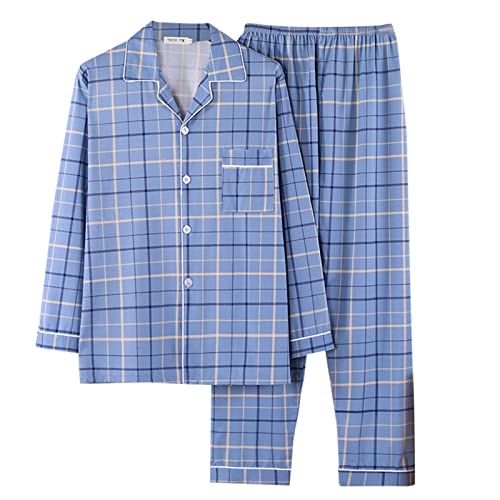 Dinnesis Schlafanzug Herren Lang Baumwolle 4XL - Pyjama Set Kariertes Zweiteilig Set Nachtwäsche Gestreift Hemdblusen Mit Tasch + Schlafanzughose Oversized Hausanzug Sports Trainingsanzug von Dinnesis