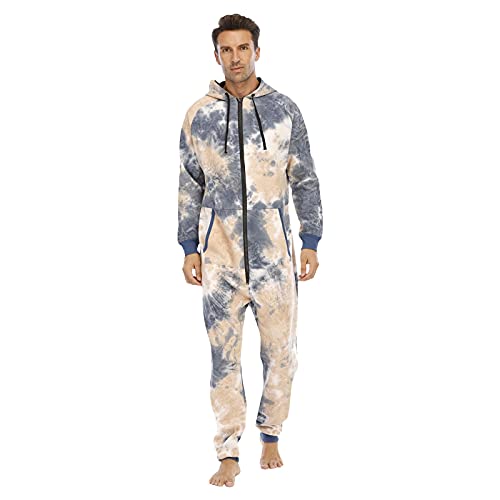 Schlafoverall Herren Pyjama Jumpsuit Mit Kapuze Hausanzug Drucken Nachtwäsche Warm Fleece Overall Pyjama Langarm Einteiler Hoodies Schlafanzug Winter Thermo Homewear Plüschhose von Dinnesis