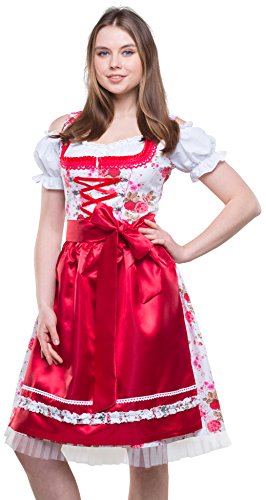 Dirndlspatz Dirndl Damen 3 teilig Nina in Rot Geblümt Gr. 40 Festliches Midi Blumen Trachtenkleid 3 TLG Oktoberfest von Dirndlspatz